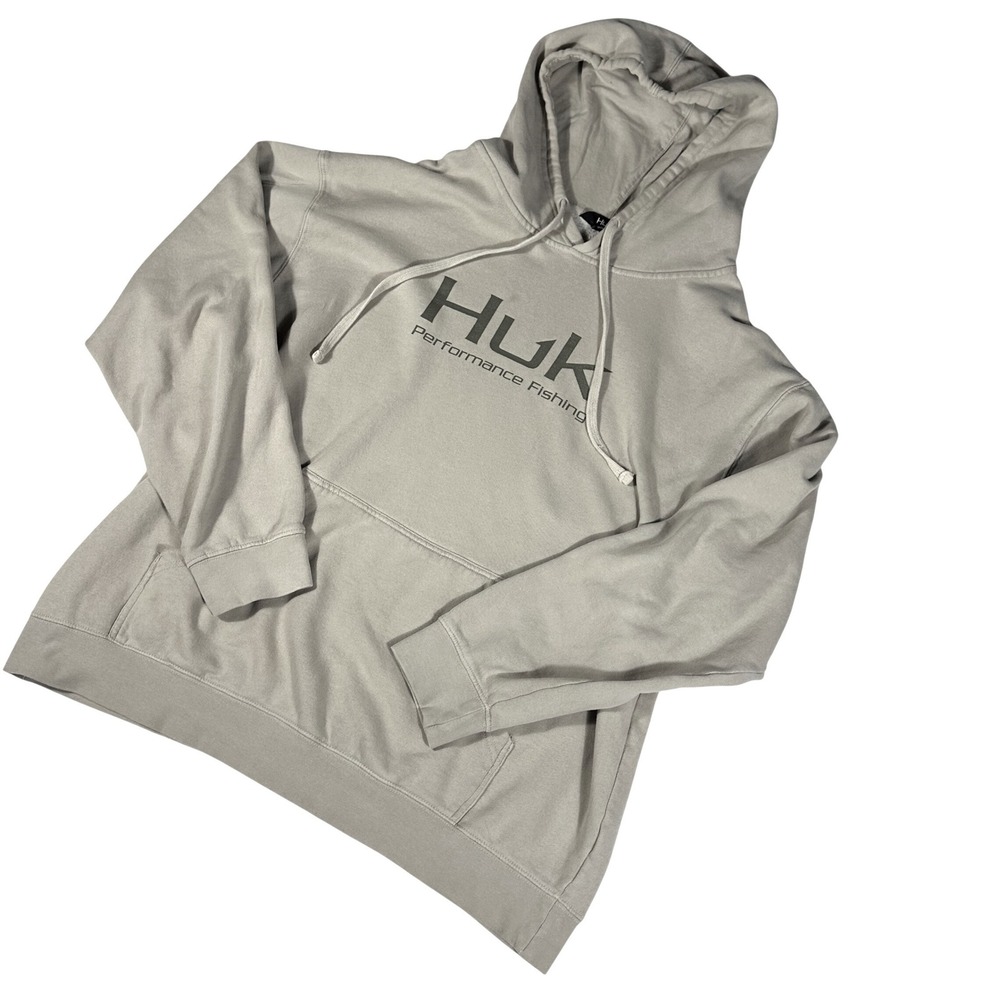 Huk Performance Fishing Hoodie Mens L Tan Garment Dyed Pullover Sweatshirt